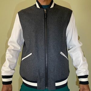 Coach Mens Wool Leather Varsity Jacket Heather Grey/Chalk F86524 Size L